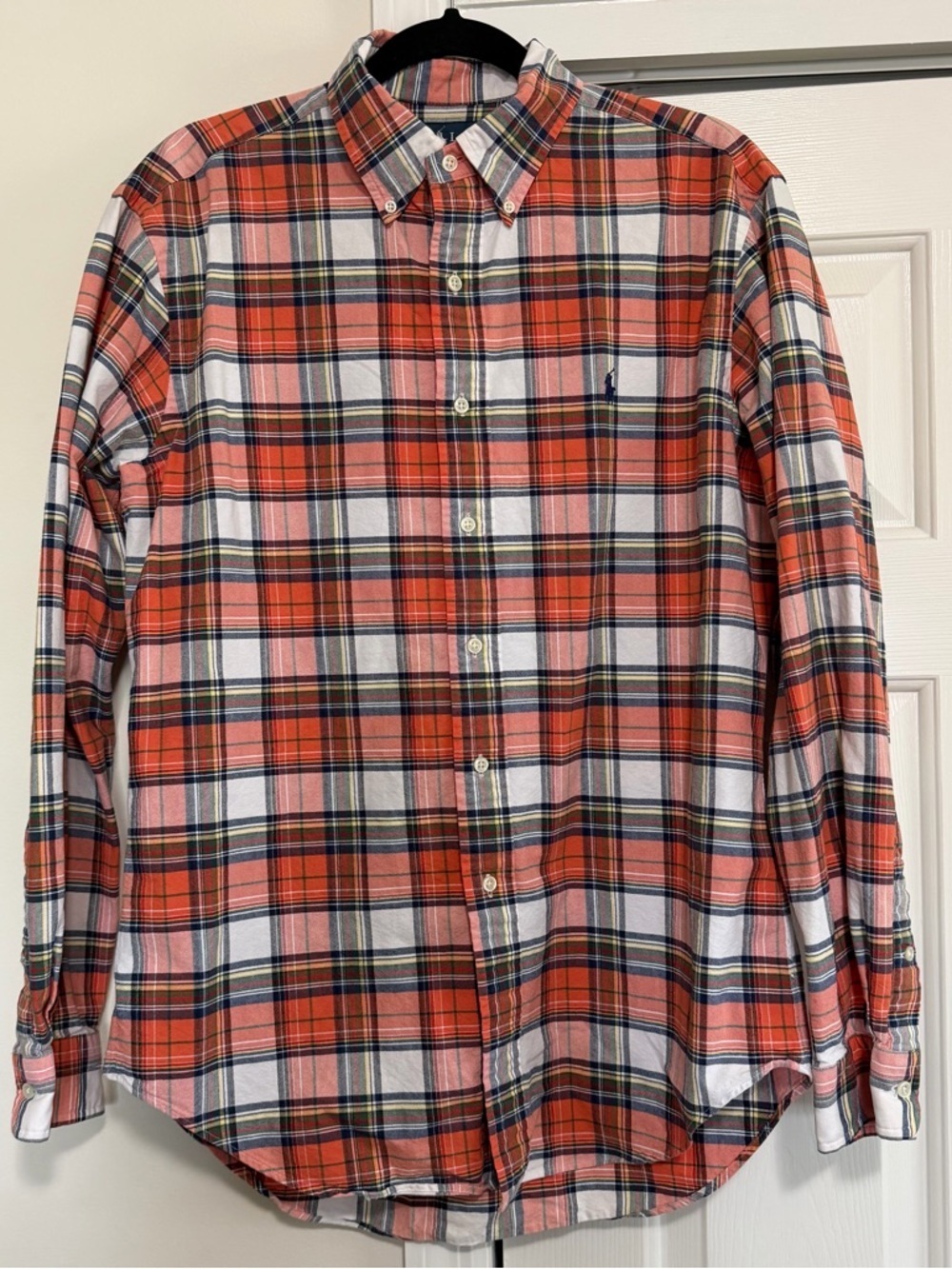 Ralph Lauren Classic Fit Long Sleeve Button Down Shirt Orange Blue Plaid Size M